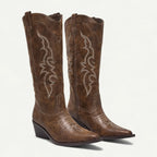 Brown Women's Western Cowboy Boots — Halle Pointed-Toe Embroidered Block Heel - Front Pair Closeup