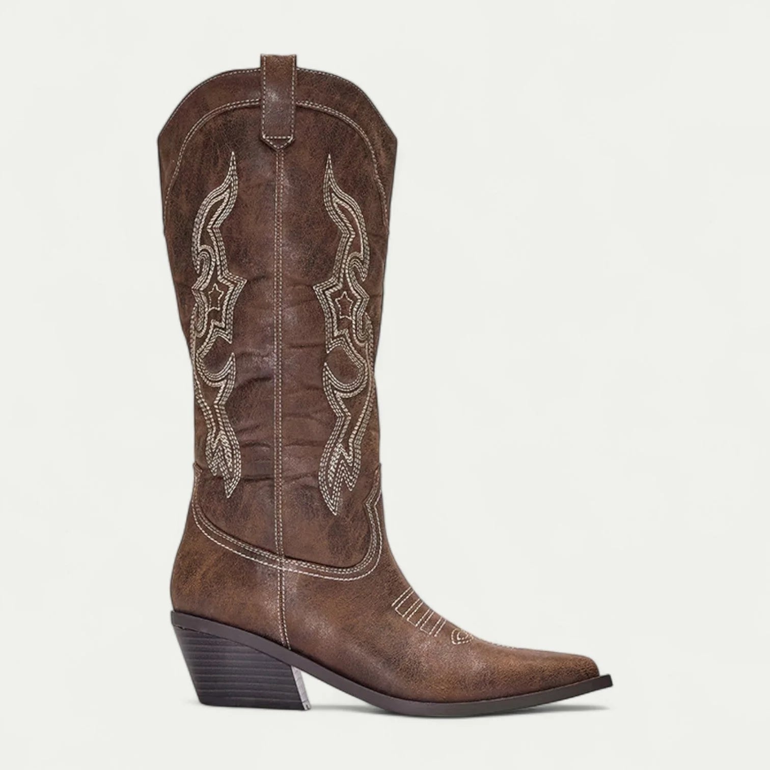 Brown Women's Western Cowboy Boots — Halle Pointed-Toe Embroidered Block Heel - Side Profile Solo