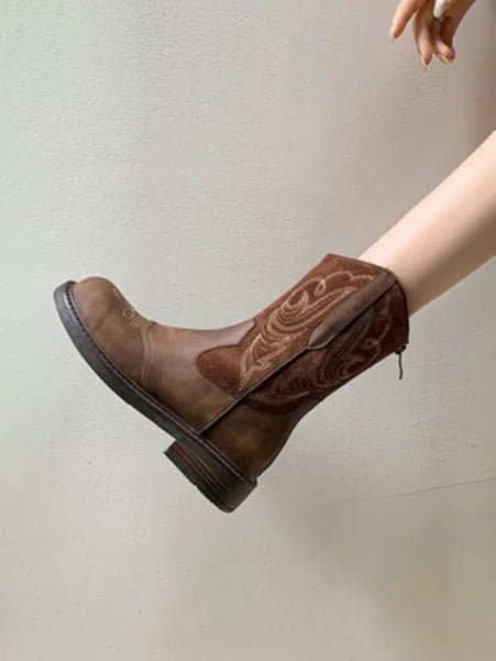 Dark Brown Women's Western Vintage Cowboy Boots — Orla Cushioned Embroidered Mid-Calf - Close Up Leg Detail