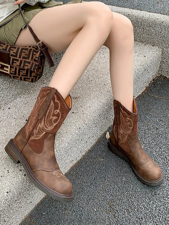 Dark Brown Women's Western Vintage Cowboy Boots — Orla Cushioned Embroidered Mid-Calf - Outdoor Lifestyle