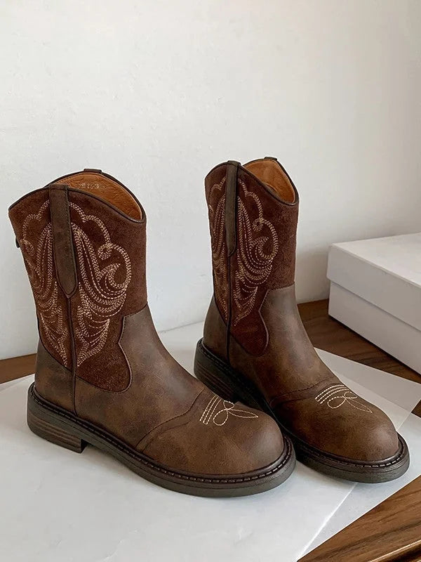 Dark Brown Women's Western Vintage Cowboy Boots — Orla Cushioned Embroidered Mid-Calf - Studio Flat Lay
