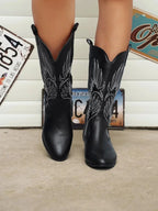 Black Women's Western Cowboy Boots — Mira Slip-On Embroidered Mid-Calf - Front Standing