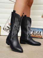 Black Women's Western Cowboy Boots — Mira Slip-On Embroidered Mid-Calf - Side Detail