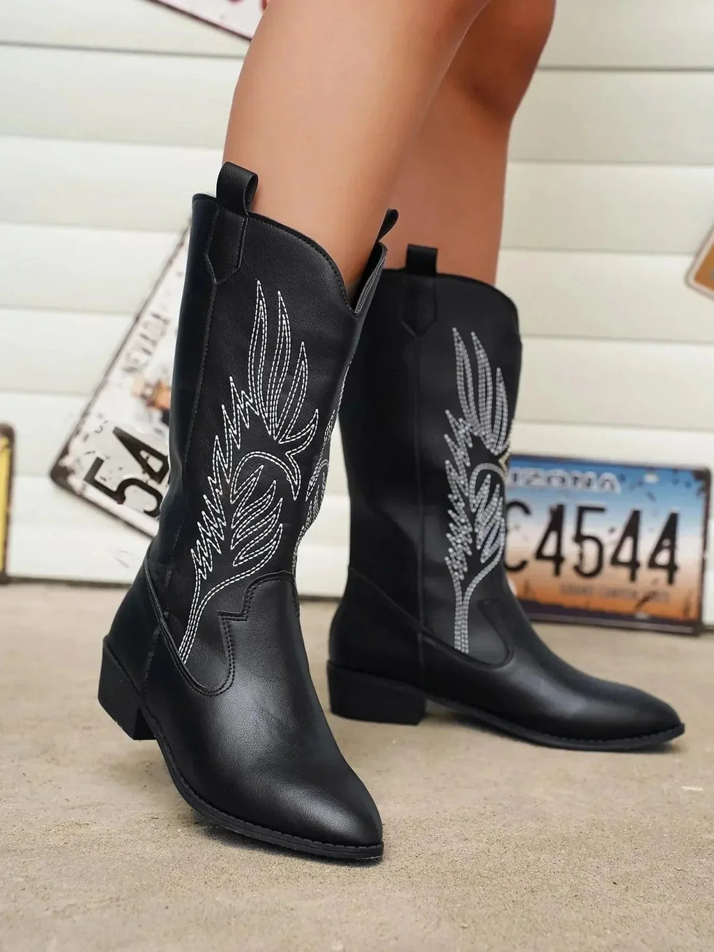 Black Women's Western Cowboy Boots — Mira Slip-On Embroidered Mid-Calf - Side Outdoor