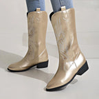 Gold Women's Western Cowboy Boots — Mira Slip-On Embroidered Mid-Calf - Side Angled