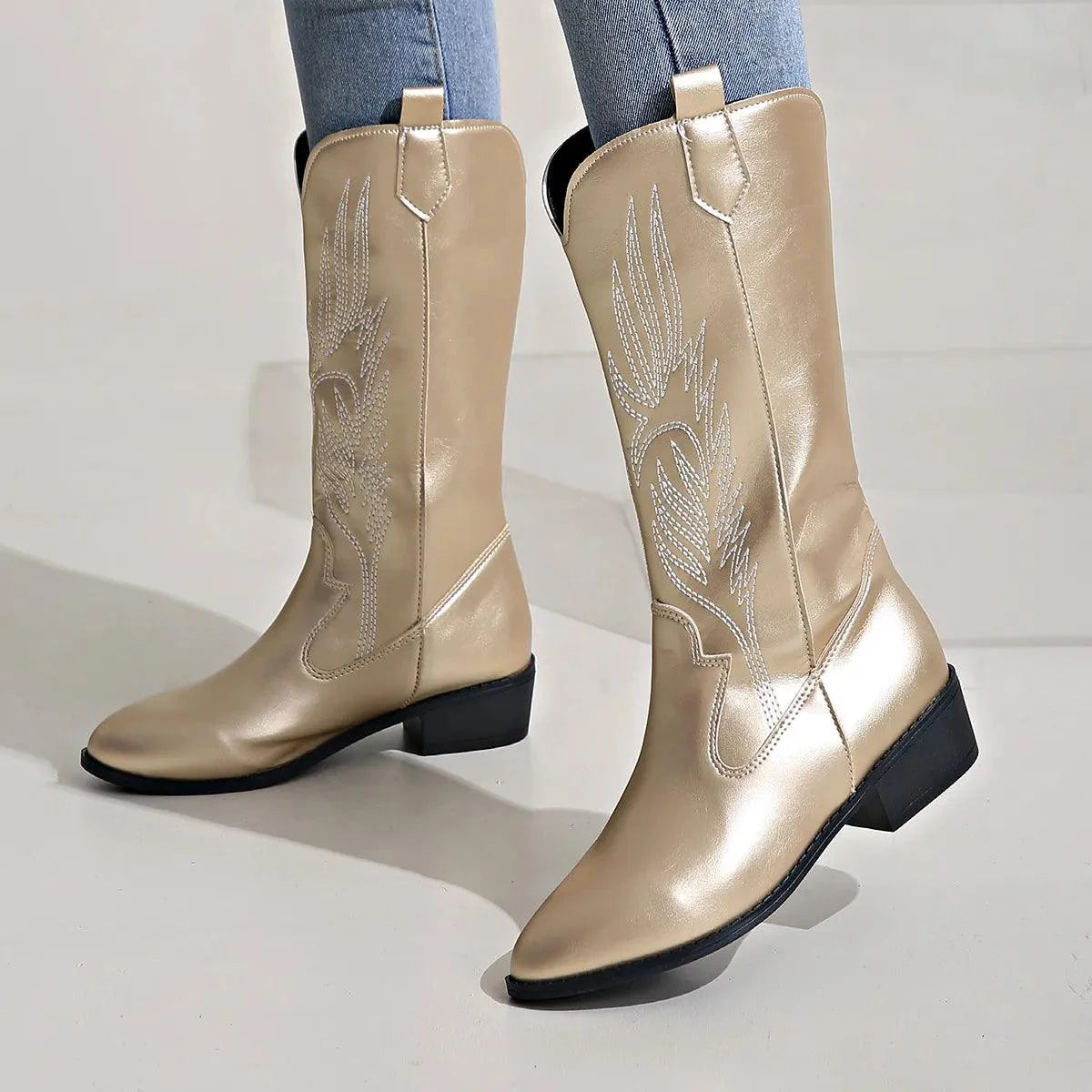 Gold Women's Western Cowboy Boots — Mira Slip-On Embroidered Mid-Calf - Side Angled