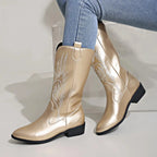 Gold Women's Western Cowboy Boots — Mira Slip-On Embroidered Mid-Calf - Side Seated