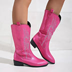 Pink Women's Western Cowboy Boots — Mira Slip-On Embroidered Mid-Calf - Side Close Up