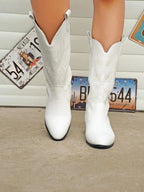 White Women's Western Cowboy Boots — Mira Slip-On Embroidered Mid-Calf - Front Detail