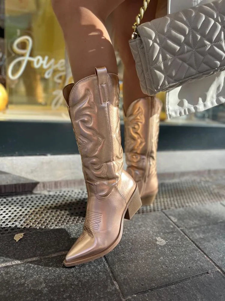 Gold Women's Western Cowboy Boots — Zuri Pointed-Toe Embroidered Block Heel - Close Up Walking