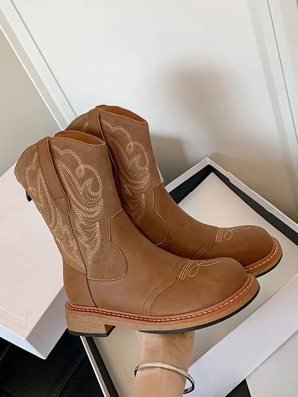 Light Brown Women's Western Vintage Cowboy Boots — Orla Cushioned Embroidered Mid-Calf - Hand Held Pose