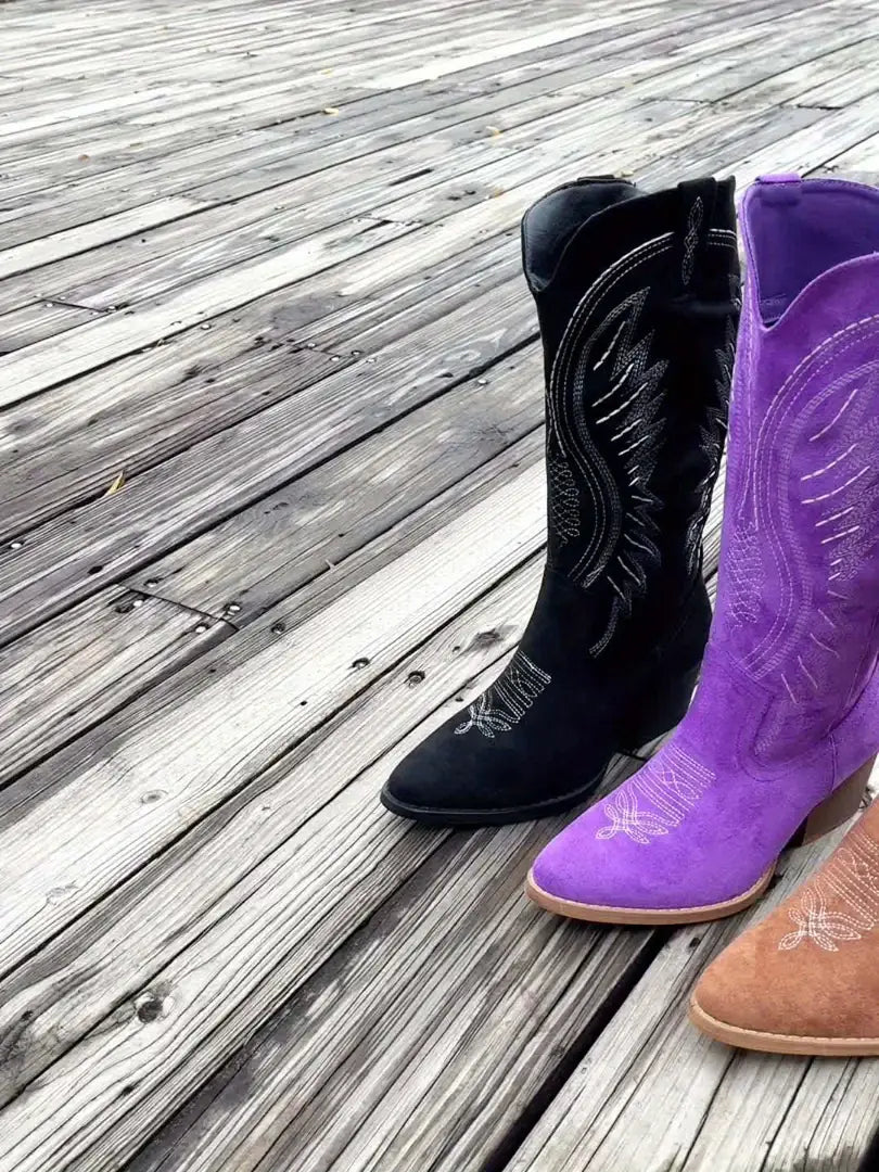 Multicolor Women's Western Cowboy Boots — Claudia Suede Embroidered Block Heel - Side By Side Colors
