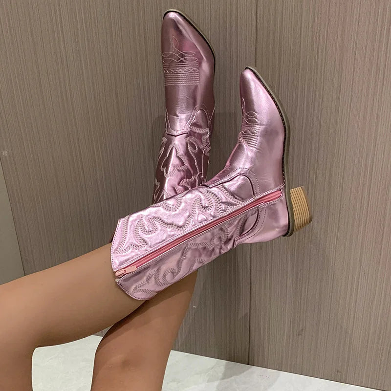 Pink Women's Western Cowboy Boots — Zuri Pointed-Toe Embroidered Block Heel - Legs Up Pose
