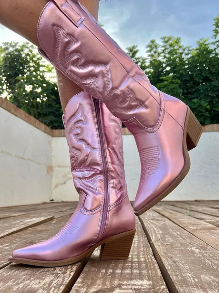 Pink Women's Western Cowboy Boots — Zuri Pointed-Toe Embroidered Block Heel - Outdoor Pose