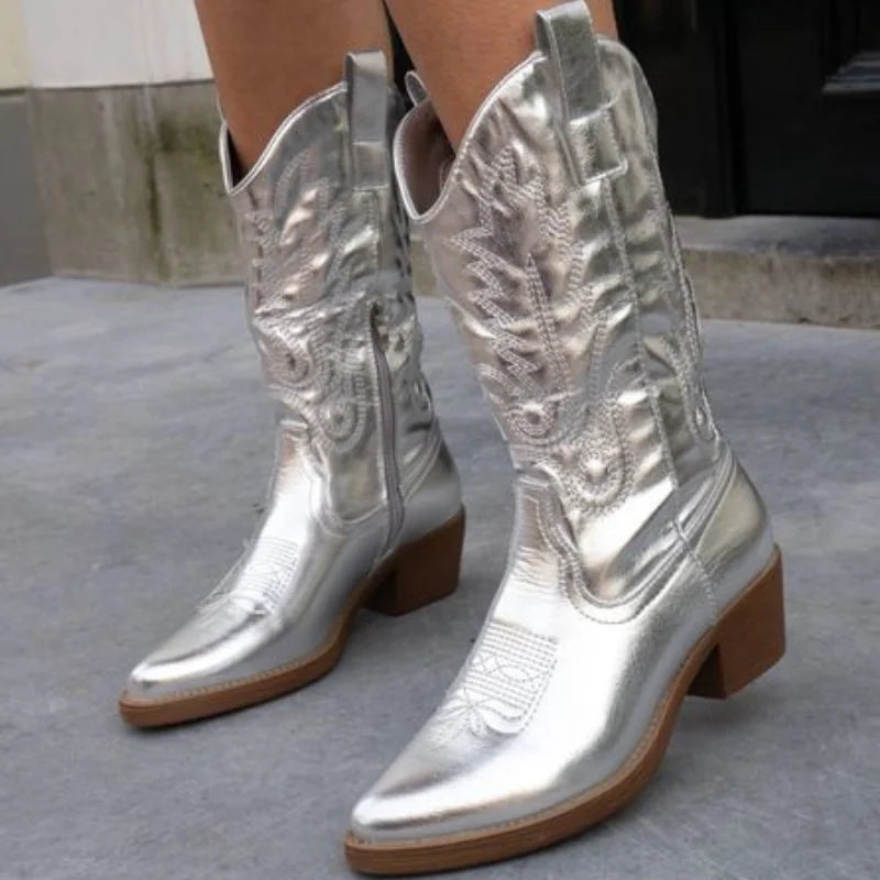 Silver Women's Western Cowboy Boots — Zuri Pointed-Toe Embroidered Block Heel - Close Up Standing