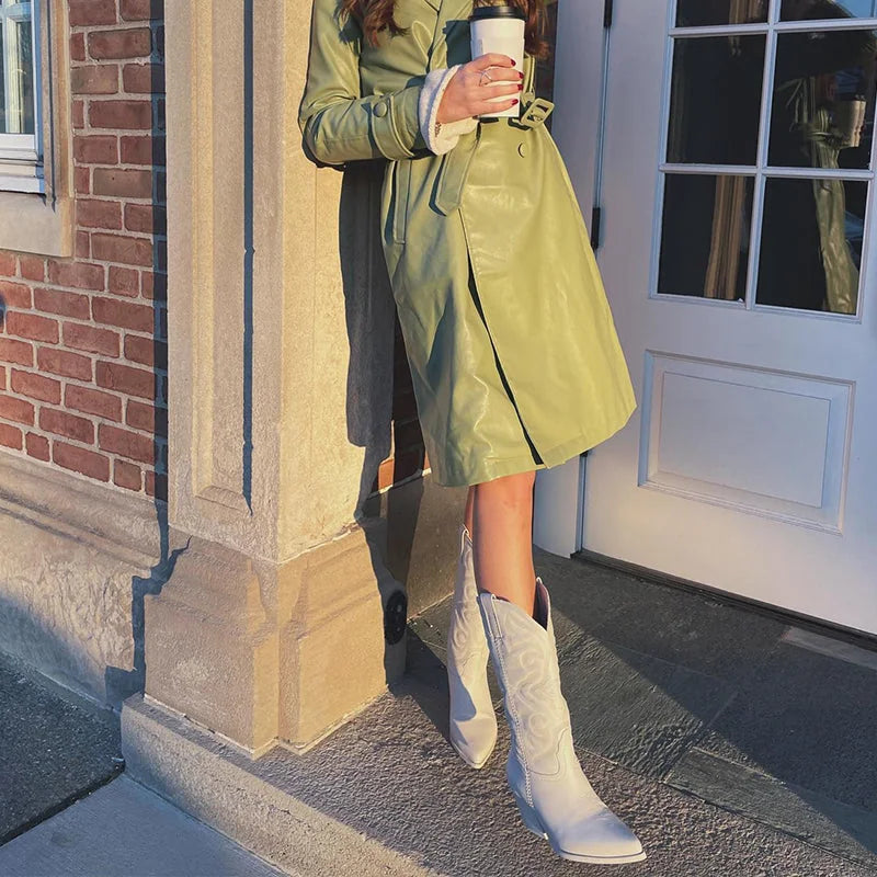 White Women's Western Cowboy Boots — Zuri Pointed-Toe Embroidered Block Heel - Worn Lifestyle Coat