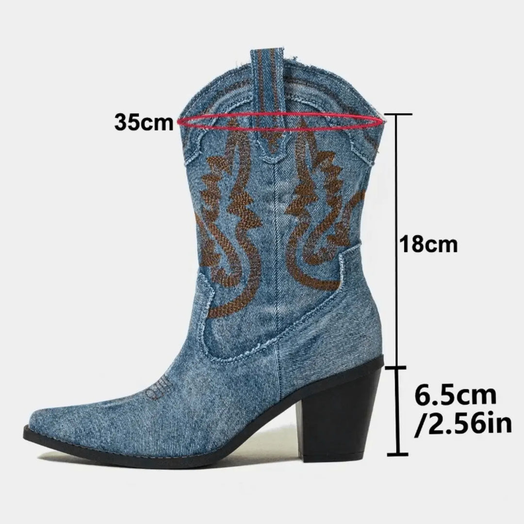 Denim Women's Denim Ankle Boots — Iris Western Block-Heel Embroidered - Measurement Diagram