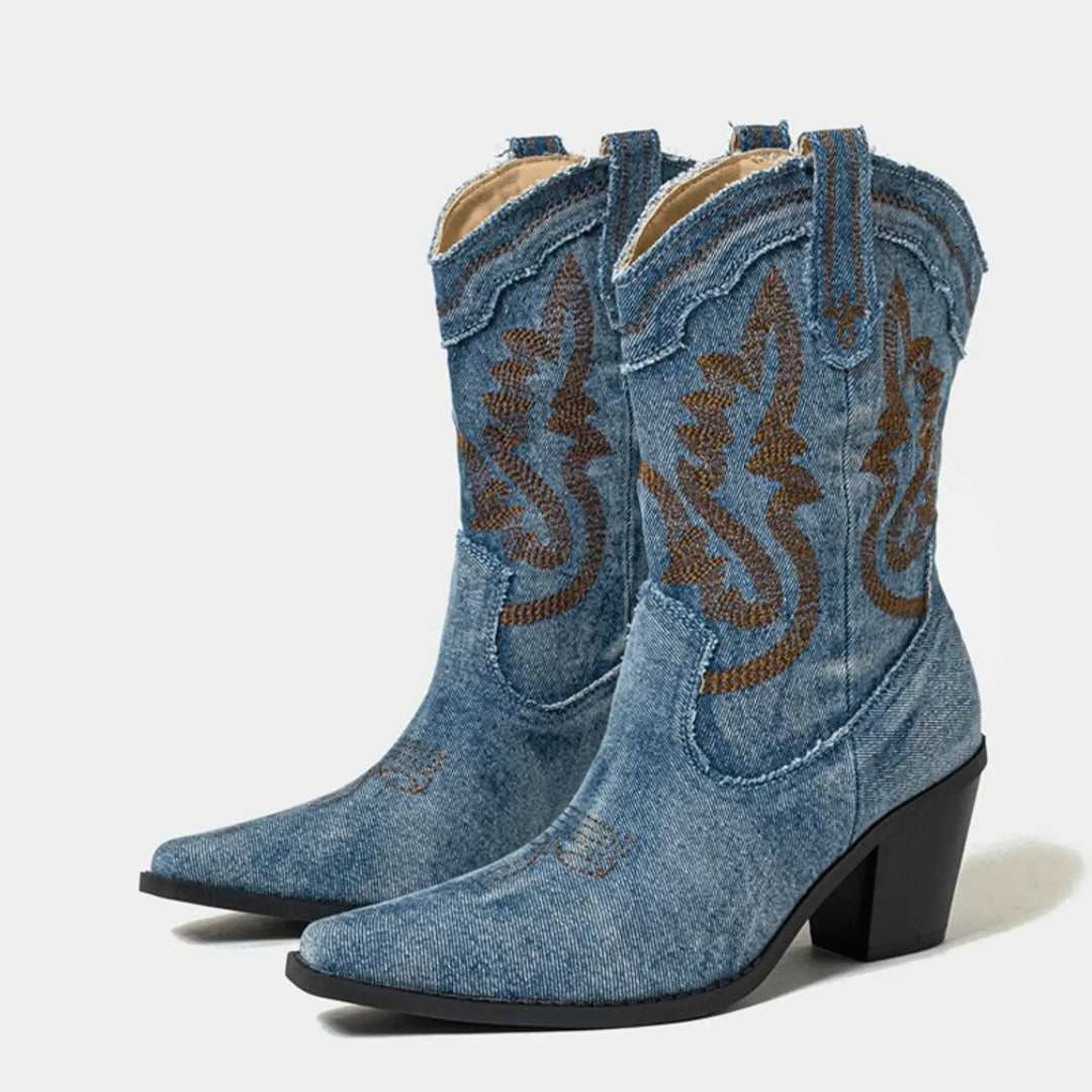 Denim Women's Denim Ankle Boots — Iris Western Block-Heel Embroidered - Studio Pair Angle