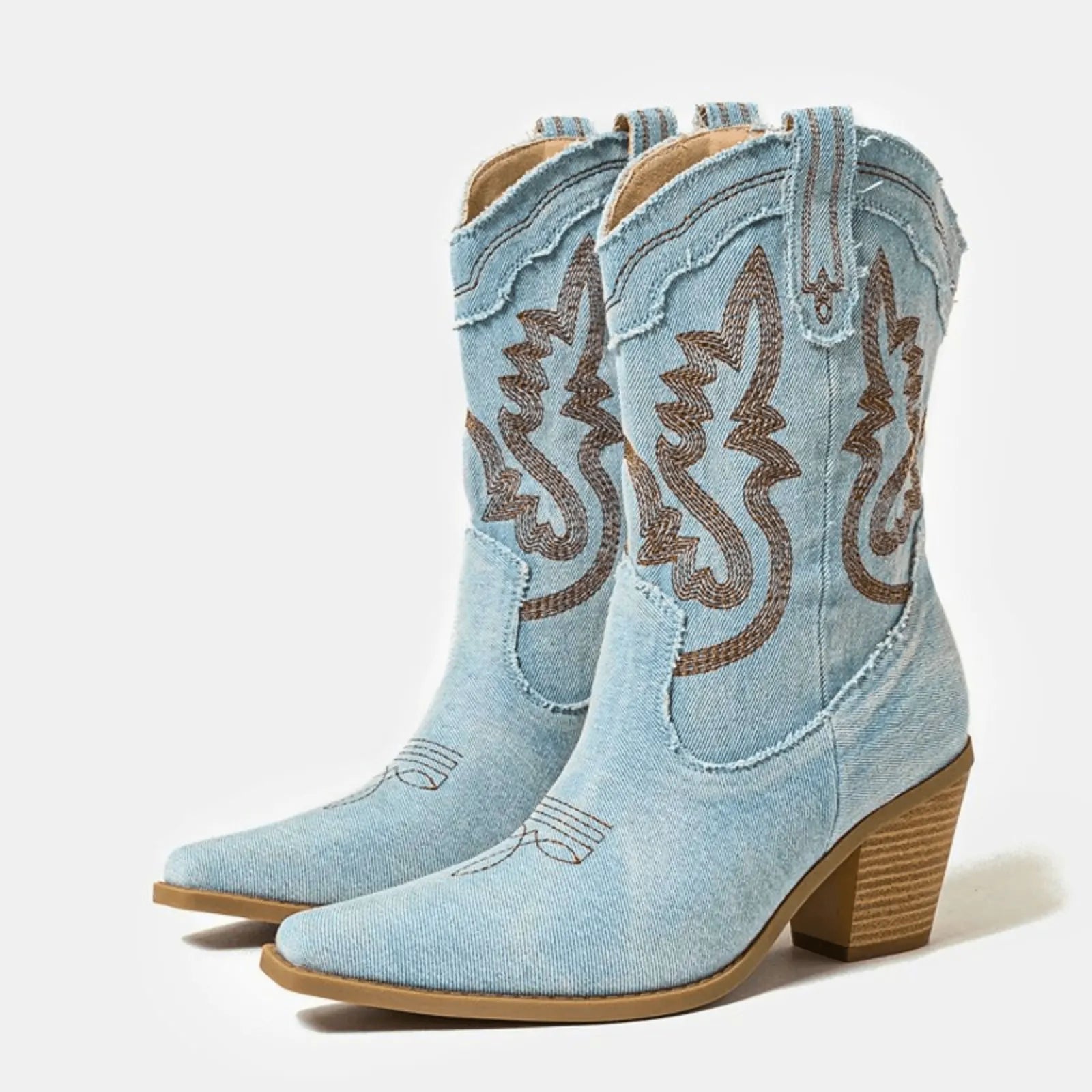 Sky Blue Women's Denim Ankle Boots — Iris Western Block-Heel Embroidered - Studio Pair Front