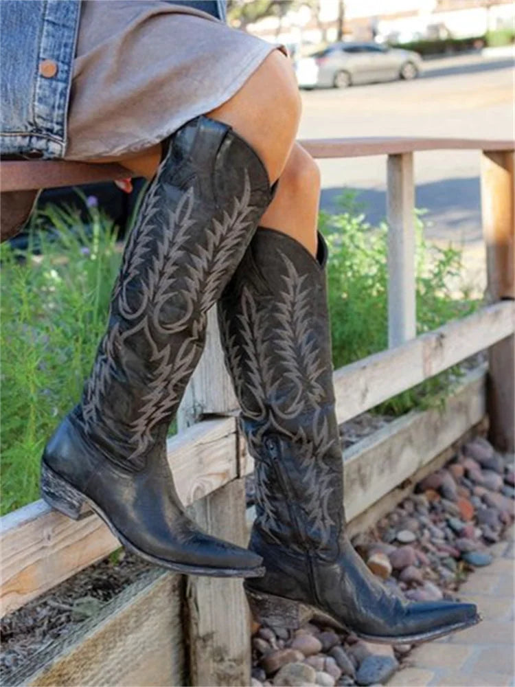 Black Women's Vintage Western Cowboy Embroidered Knee-High Boots — Selene Zip-Up Pointed-Toe - Seated Crossed Legs