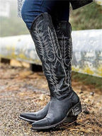 Black Women's Vintage Western Cowboy Embroidered Knee-High Boots — Selene Zip-Up Pointed-Toe - Side Close Up