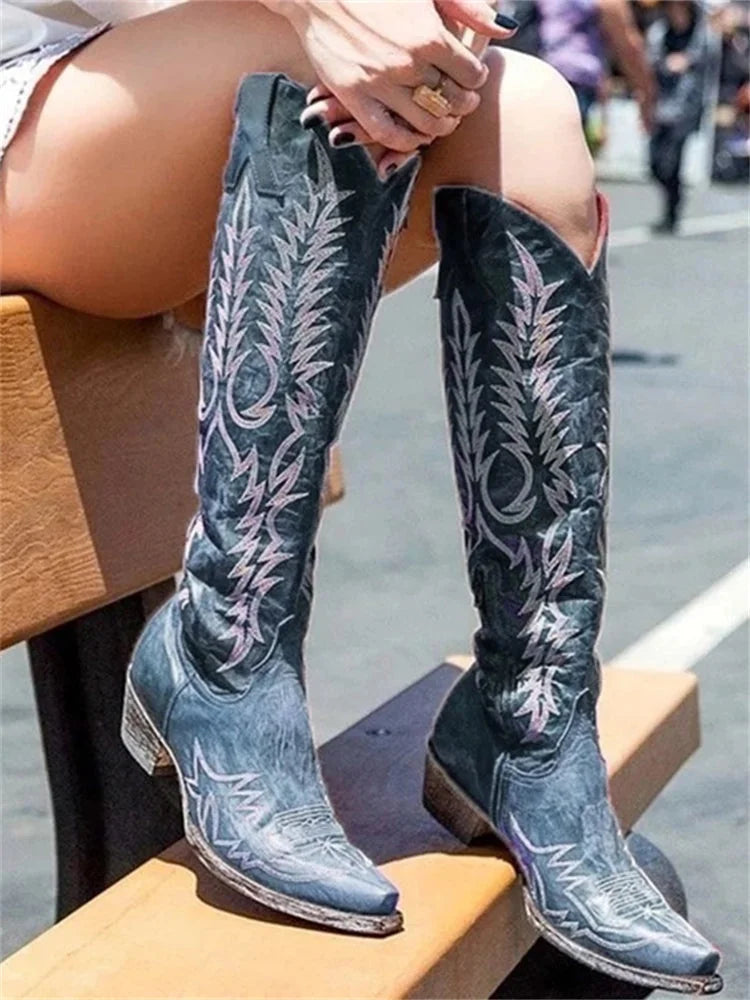 Blue Women's Vintage Western Cowboy Embroidered Knee-High Boots — Selene Zip-Up Pointed-Toe - Seated Bench Detail
