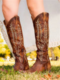 Women's Vintage Western Cowboy Embroidered Knee-High Boots — Selene Zip-Up Pointed-Toe