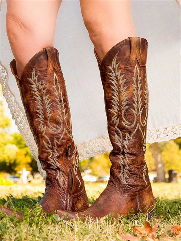 Brown Women's Vintage Western Cowboy Embroidered Knee-High Boots — Selene Zip-Up Pointed-Toe - Front Outdoor Pose