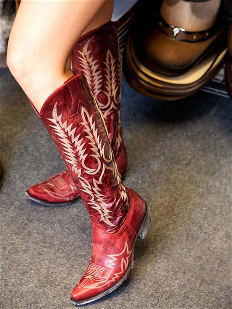 Red Women's Vintage Western Cowboy Embroidered Knee-High Boots — Selene Zip-Up Pointed-Toe - Close Up Side Detail