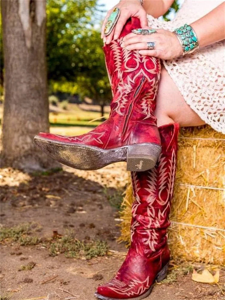 Red Women's Vintage Western Cowboy Embroidered Knee-High Boots — Selene Zip-Up Pointed-Toe - Foot Lifted Detail