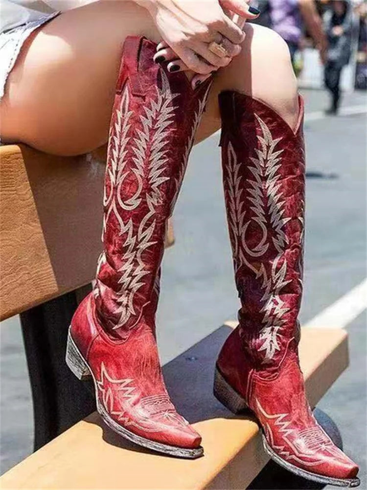 Red Women's Vintage Western Cowboy Embroidered Knee-High Boots — Selene Zip-Up Pointed-Toe - Seated Bench Pose