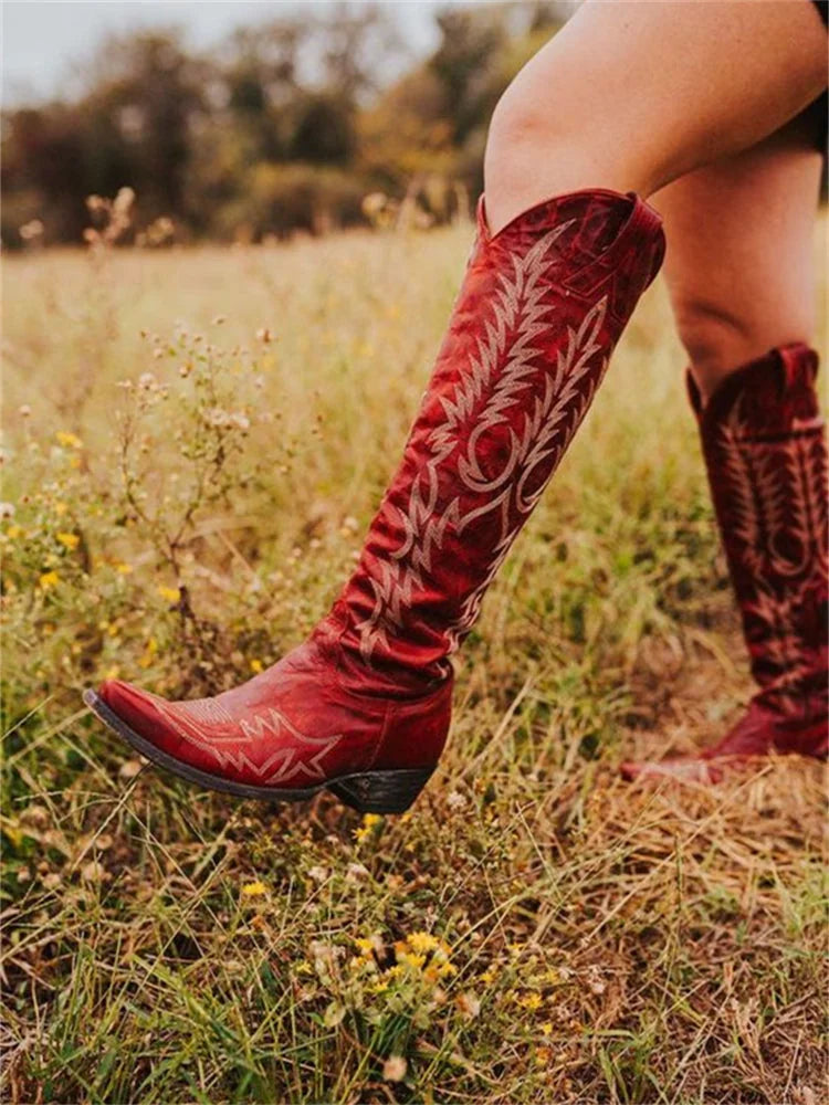 Red Women's Vintage Western Cowboy Embroidered Knee-High Boots — Selene Zip-Up Pointed-Toe - Walking Motion