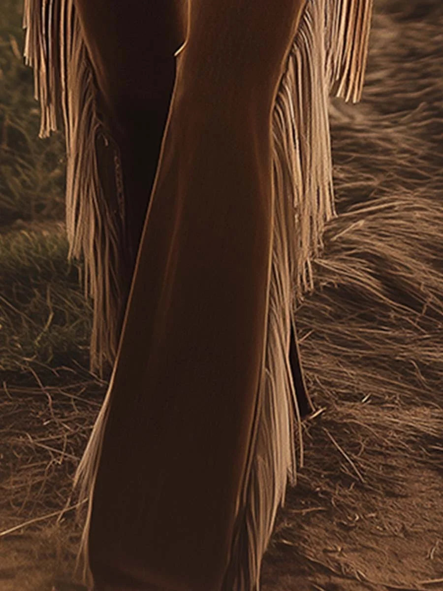 Brown Women's Western Flared Jeans — Eva Buckle-Belt Fringe High-Waisted - Leg Fringe Detail