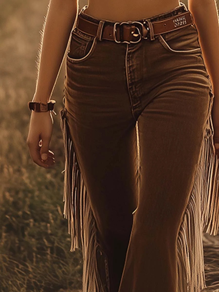 Brown Women's Western Flared Jeans — Eva Buckle-Belt Fringe High-Waisted - Waist Belt Detail