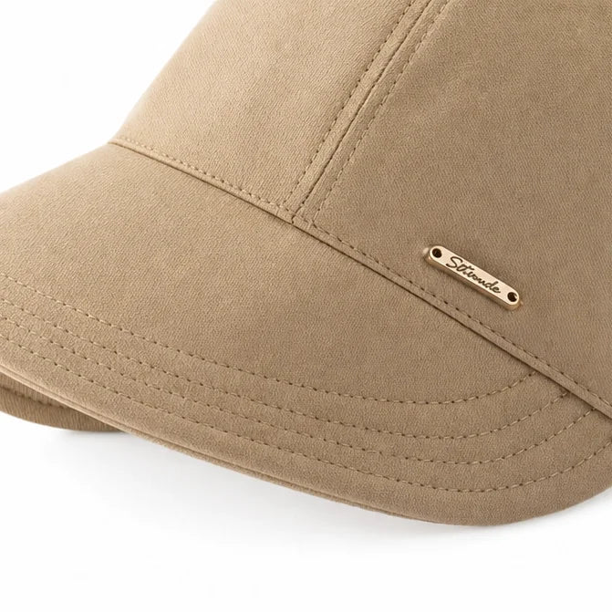 Beige Women's Wide-Brim Sun Hat — Selma Cotton Foldable Adjustable Strap - Close Up Logo Detail
