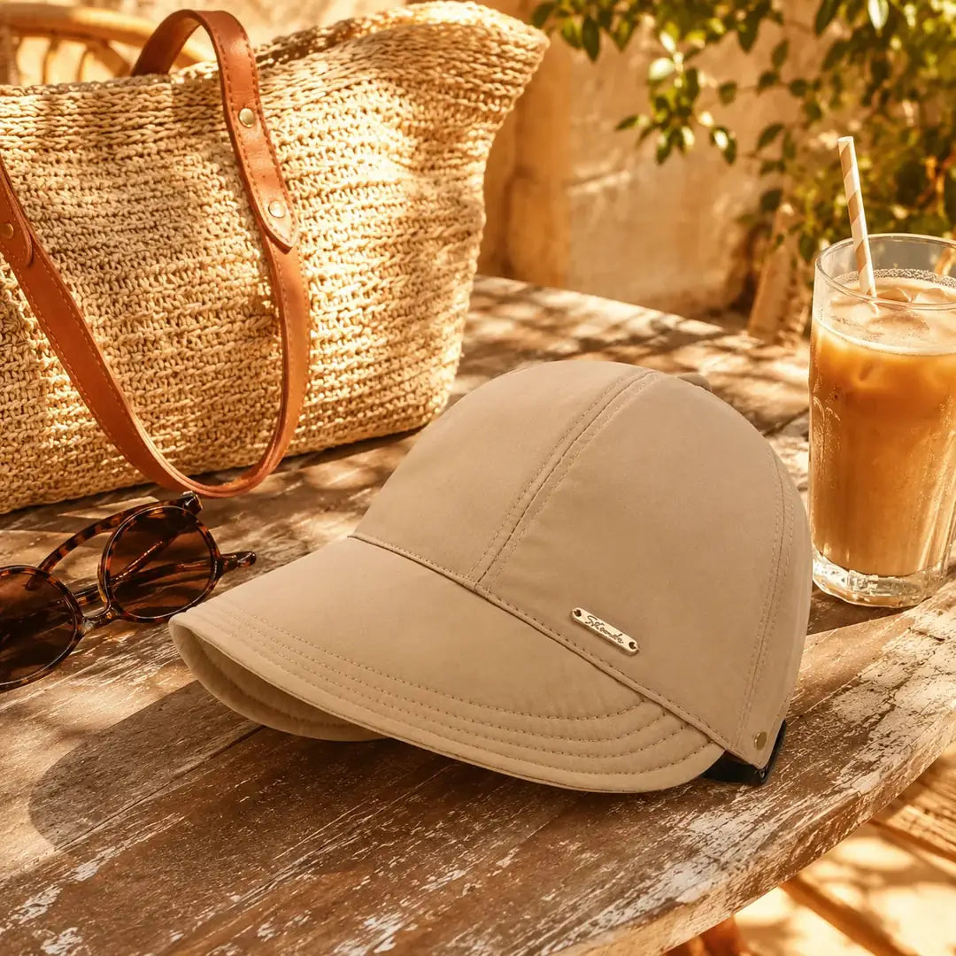 Beige Women's Wide-Brim Sun Hat — Selma Cotton Foldable Adjustable Strap - Flat Lay Table