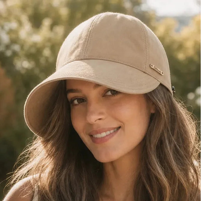 Beige Women's Wide-Brim Sun Hat — Selma Cotton Foldable Adjustable Strap - Front Worn Lifestyle
