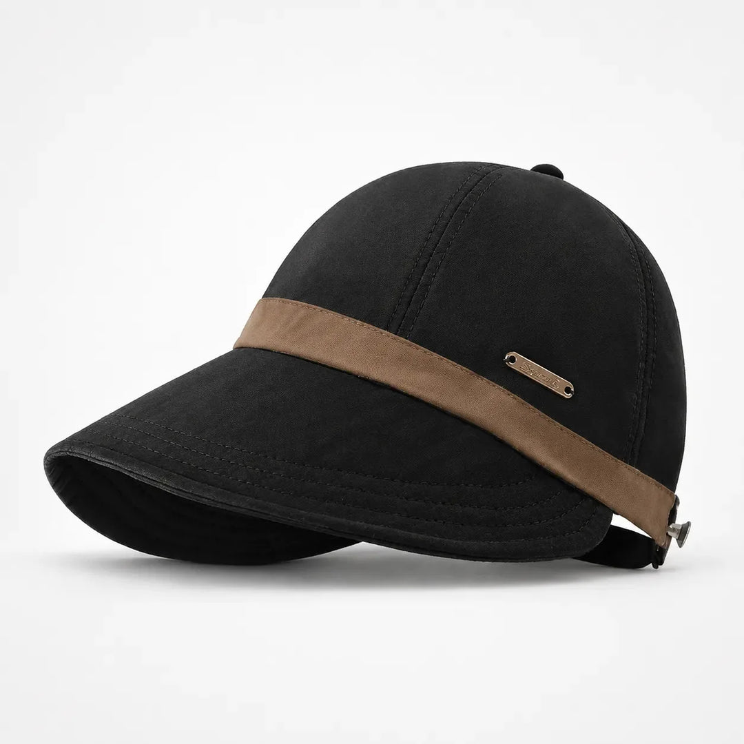 Black Women's Wide-Brim Sun Hat — Selma Cotton Foldable Adjustable Strap - Studio Side Strap Brown Band
