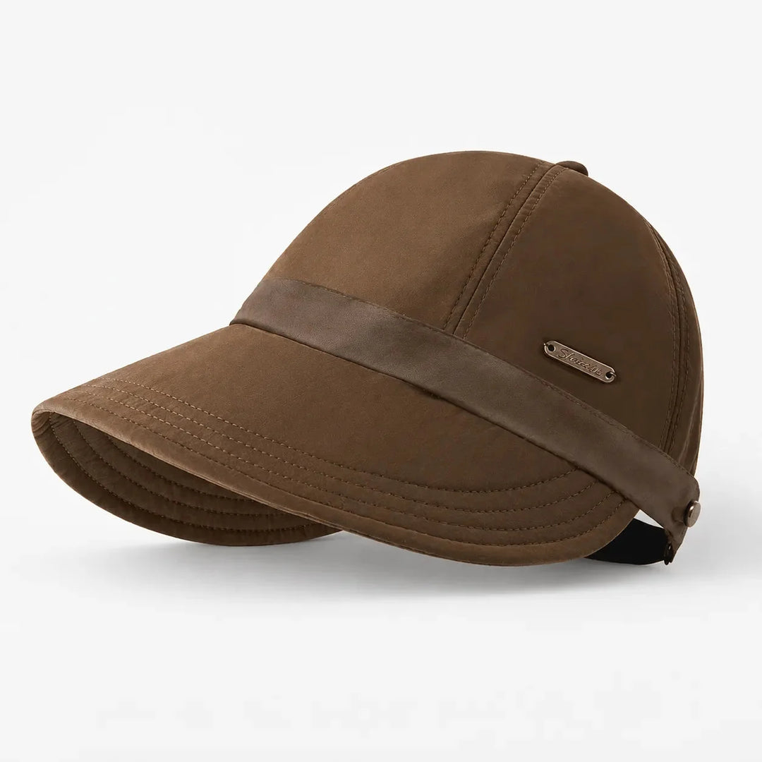 Brown Women's Wide-Brim Sun Hat — Selma Cotton Foldable Adjustable Strap - Studio Side Strap