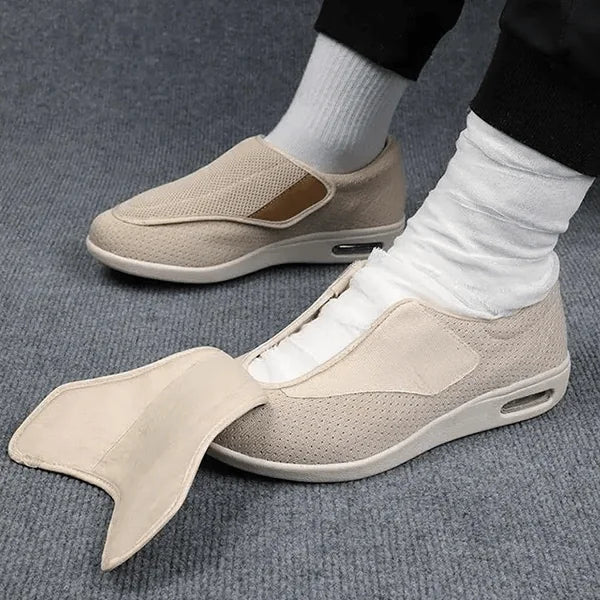 Beige Wide Fit Orthopedic Shoes — Janie Everyday Memory Foam Slip-On - Worn Open Flap