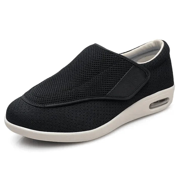 Black Wide Fit Orthopedic Shoes — Janie Everyday Memory Foam Slip-On - Front Three Quarter