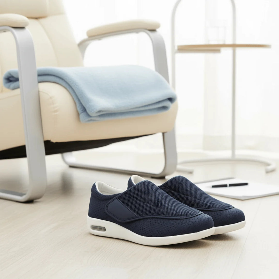 Blue Wide Fit Orthopedic Shoes — Janie Everyday Memory Foam Slip-On - Flat Lay Indoor