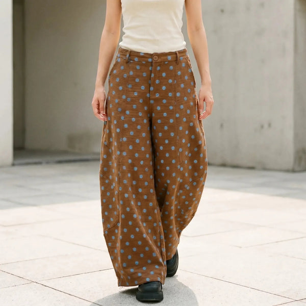 Brown Women's Polka Wide-Leg Barrel Jeans — Nia Relaxed-Fit High-Waisted Pockets - Front Full