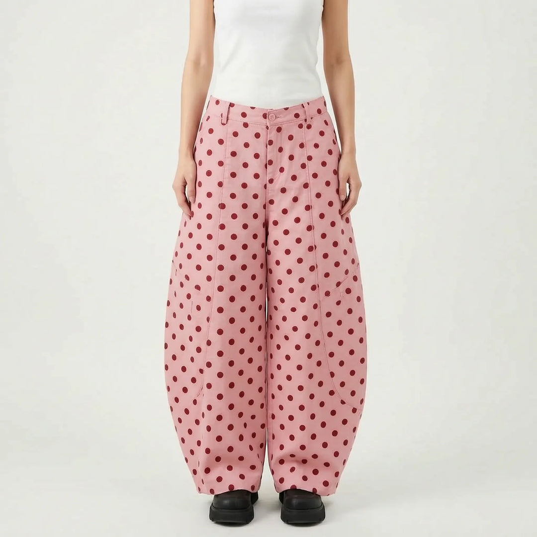 Pink Women's Polka Wide-Leg Barrel Jeans — Nia Relaxed-Fit High-Waisted Pockets - Variant Front