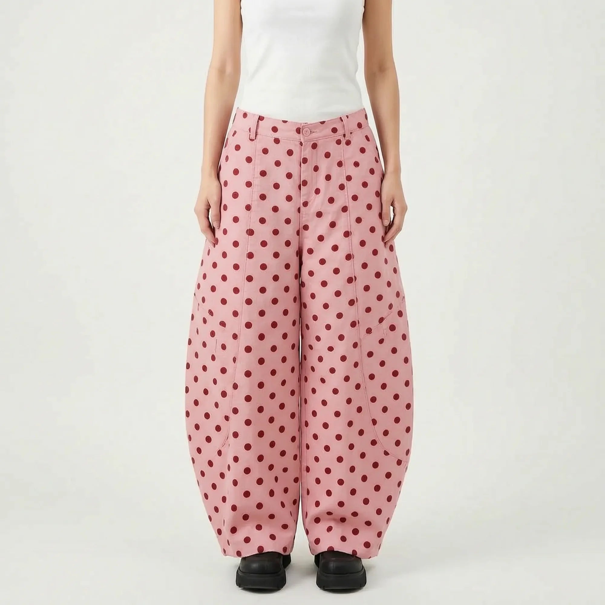 Pink Women's Polka Wide-Leg Barrel Jeans — Nia Relaxed-Fit High-Waisted Pockets - Variant Front