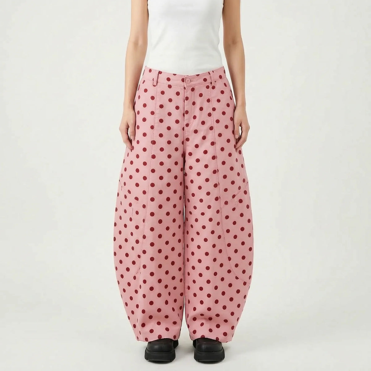 Pink Women's Polka Wide-Leg Barrel Jeans — Nia Relaxed-Fit High-Waisted Pockets - Variant Front