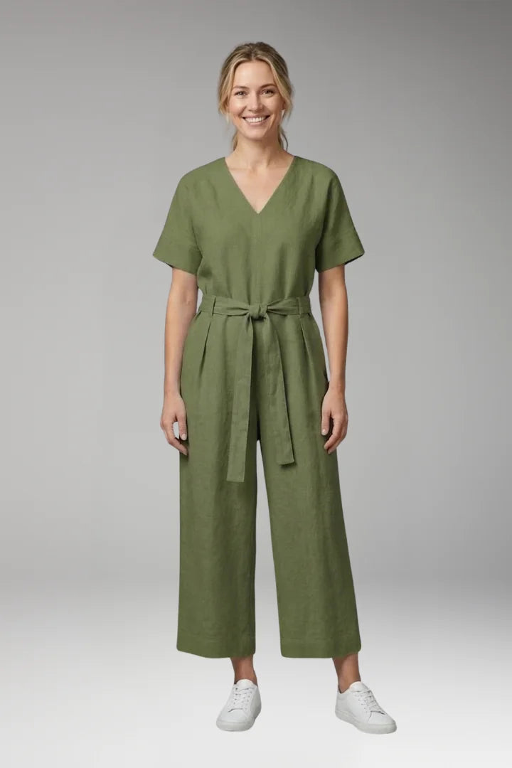 L Women's V-Neck Wide-Leg Jumpsuit — Severine Relaxed Tie-Waist Cropped - Front Smiling