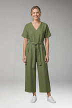 L Women's V-Neck Wide-Leg Jumpsuit — Severine Relaxed Tie-Waist Cropped - Front Smiling