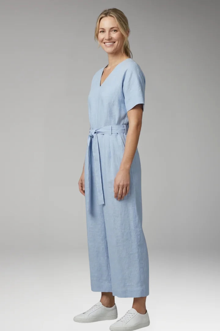 L Women's V-Neck Wide-Leg Jumpsuit — Severine Relaxed Tie-Waist Cropped - Side Profile