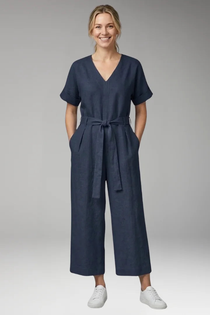 M Women's V-Neck Wide-Leg Jumpsuit — Severine Relaxed Tie-Waist Cropped - Front Relaxed